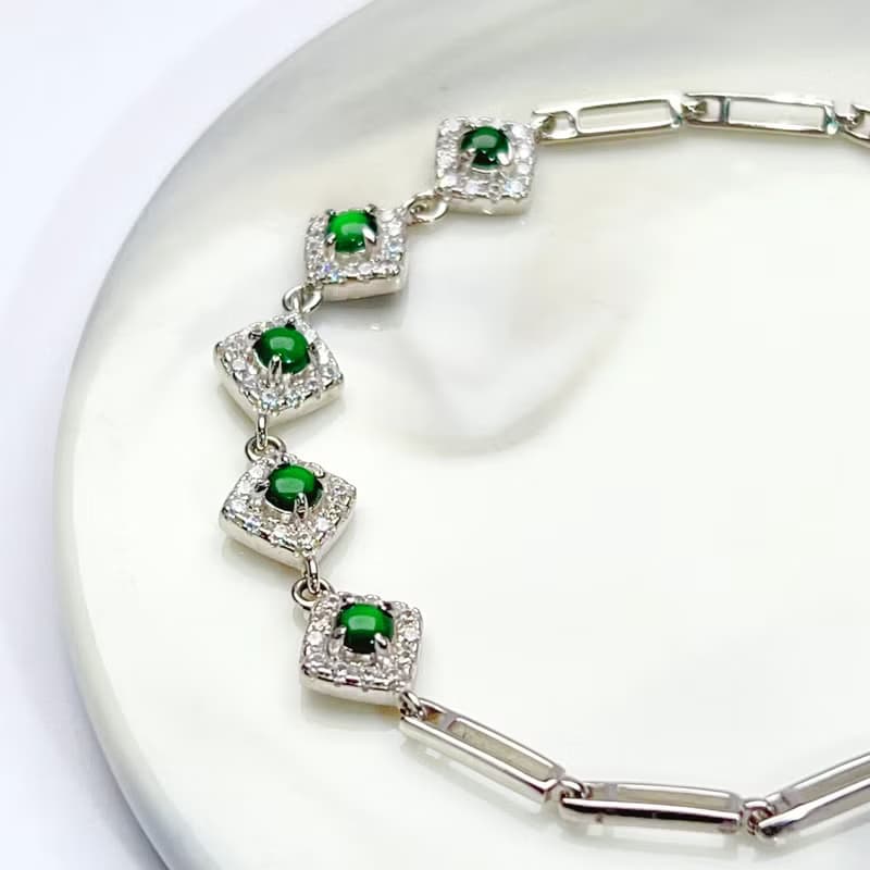 冰綠蛋面翡翠手鍊925純銀|天然緬甸玉翡翠A貨|送禮