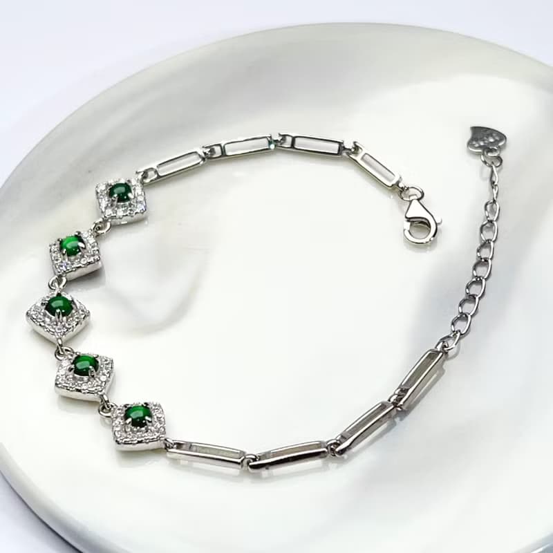 冰綠蛋面翡翠手鍊925純銀|天然緬甸玉翡翠A貨|送禮