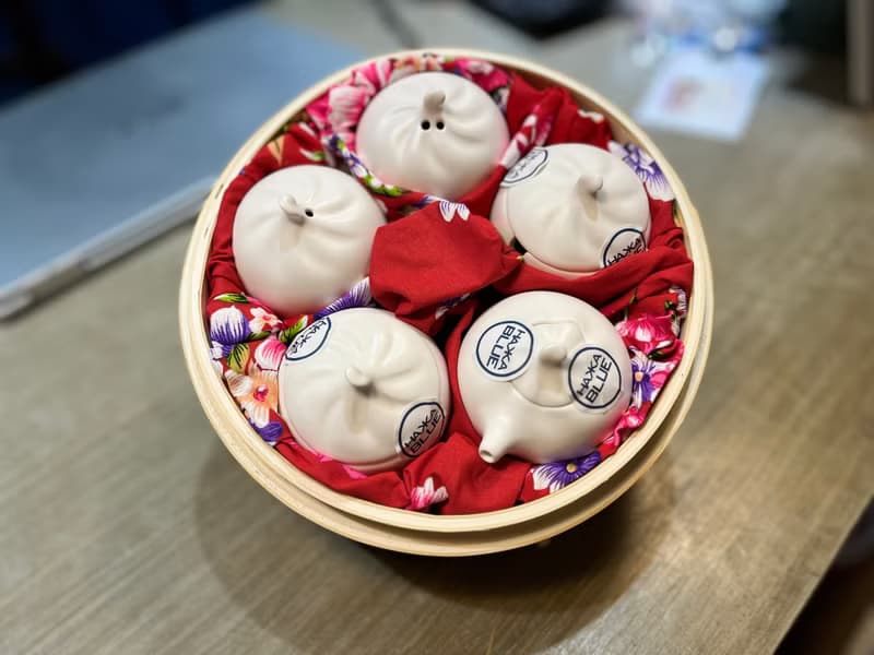 小籠包調味罐五入組含小湯匙(竹蒸籠包裝+花布)