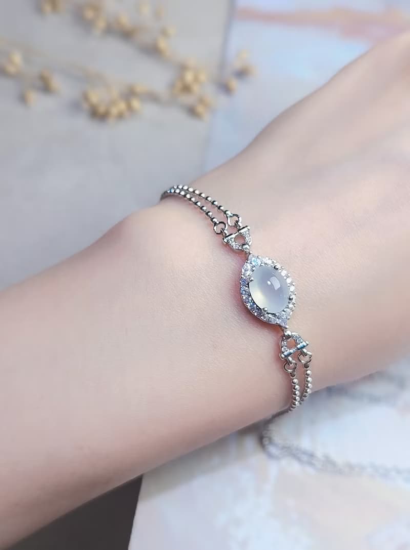 幸福•淨化•吉祥•事業|高冰放光白翡|緬甸A貨翡翠純銀手鏈