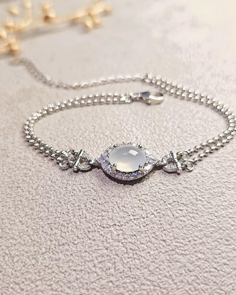 幸福•淨化•吉祥•事業|高冰放光白翡|緬甸A貨翡翠純銀手鏈