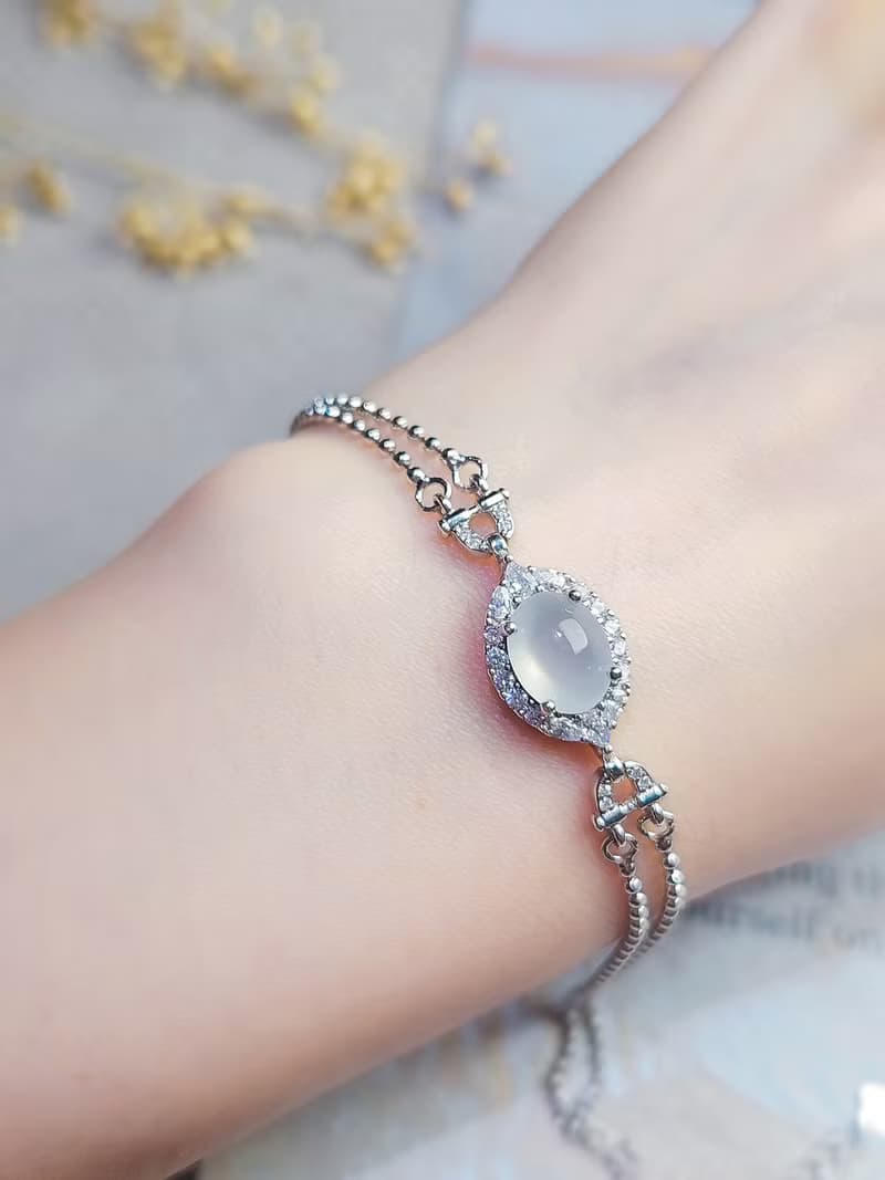 幸福•淨化•吉祥•事業|高冰放光白翡|緬甸A貨翡翠純銀手鏈