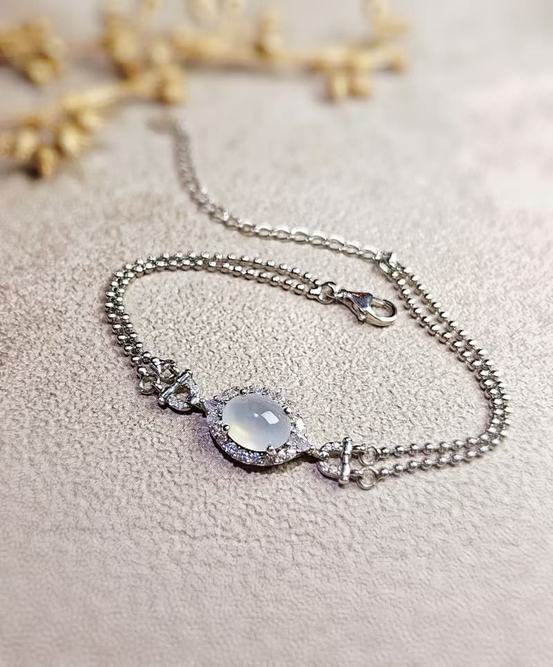 幸福•淨化•吉祥•事業|高冰放光白翡|緬甸A貨翡翠純銀手鏈