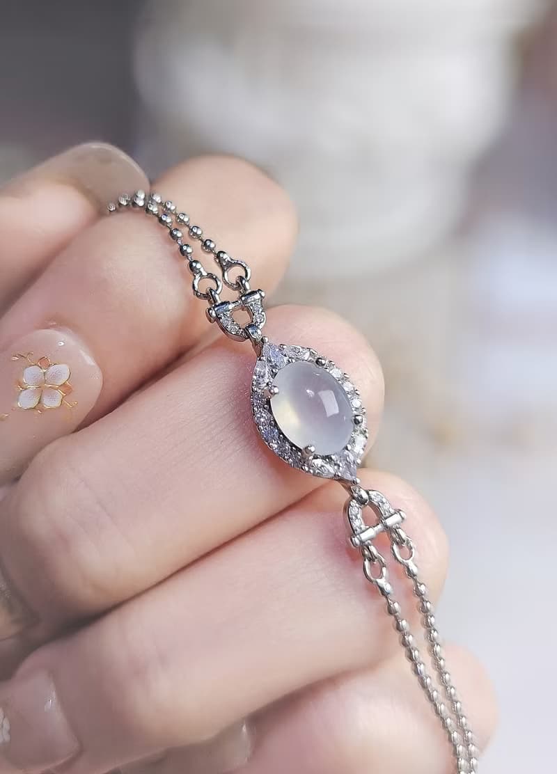 幸福•淨化•吉祥•事業|高冰放光白翡|緬甸A貨翡翠純銀手鏈