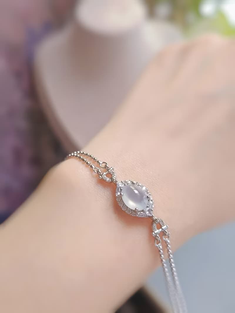 幸福•淨化•吉祥•事業|高冰放光白翡|緬甸A貨翡翠純銀手鏈