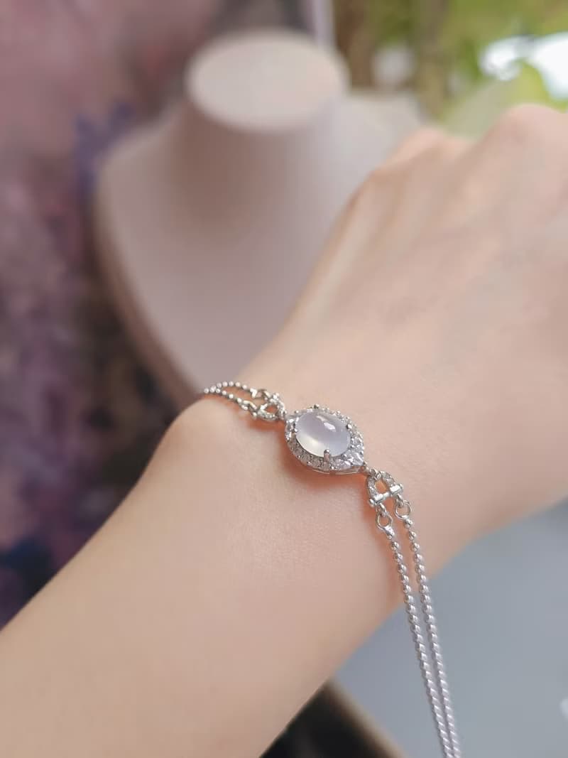 幸福•淨化•吉祥•事業|高冰放光白翡|緬甸A貨翡翠純銀手鏈