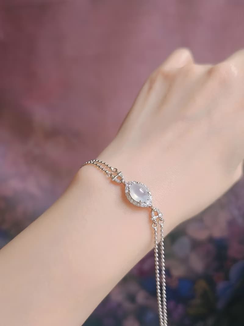 幸福•淨化•吉祥•事業|高冰放光白翡|緬甸A貨翡翠純銀手鏈