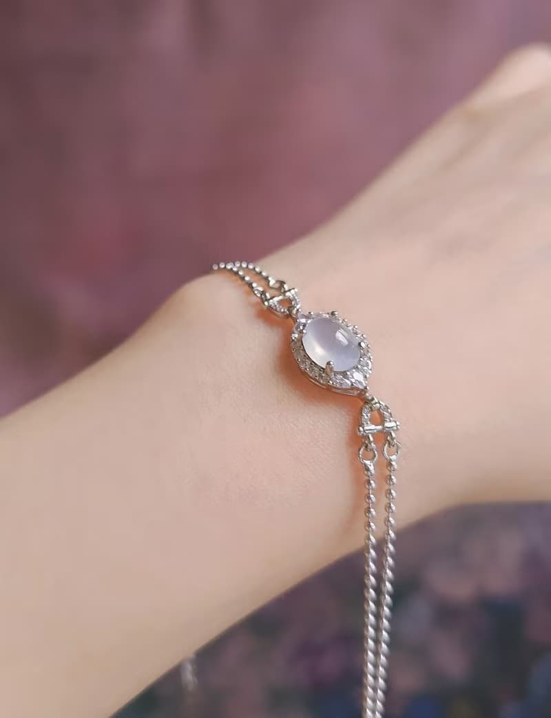 幸福•淨化•吉祥•事業|高冰放光白翡|緬甸A貨翡翠純銀手鏈