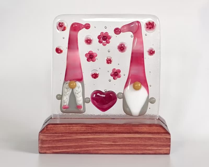 Love gnome couple Handmade fused glass art panel Pink Scandinavian gnomes