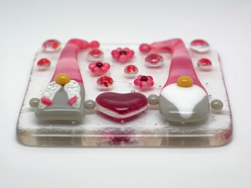 Love gnome couple Handmade fused glass art panel Pink Scandinavian gnomes