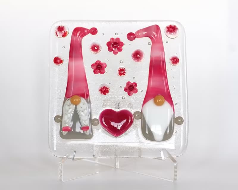 Love gnome couple Handmade fused glass art panel Pink Scandinavian gnomes