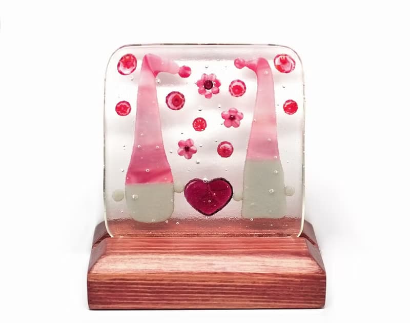 Love gnome couple Handmade fused glass art panel Pink Scandinavian gnomes