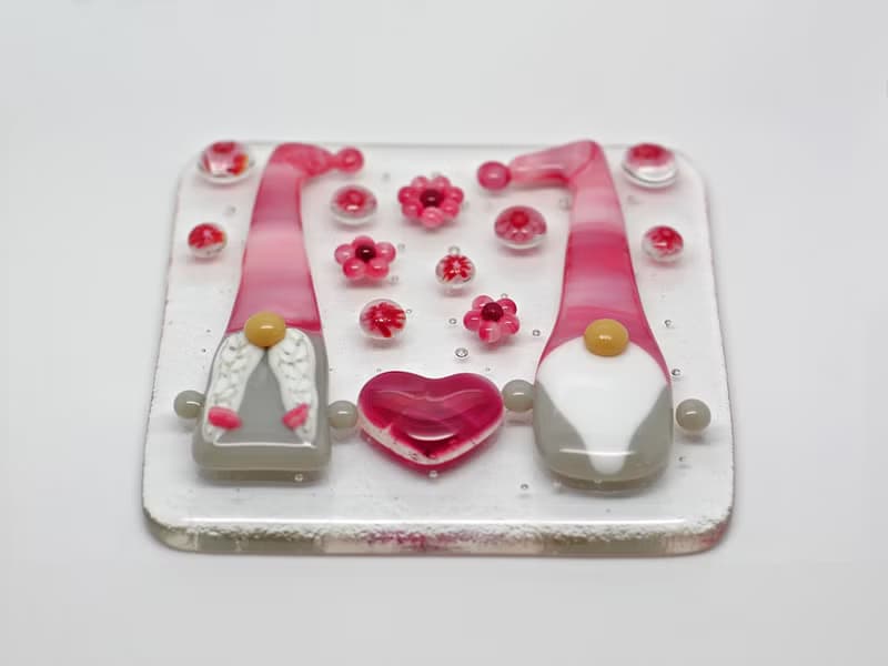 Love gnome couple Handmade fused glass art panel Pink Scandinavian gnomes