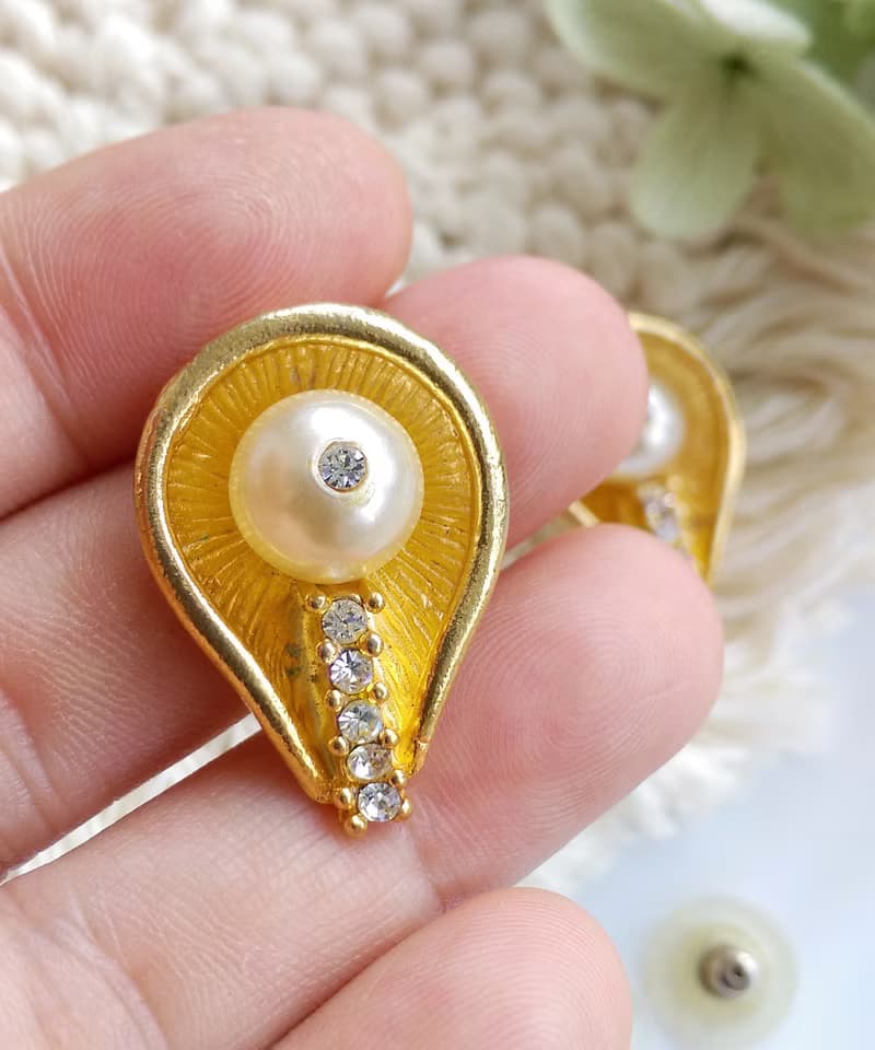 Vintage Jewelry 西洋古董飾品 Napier 金色調 珠鑽摩登 針式耳環