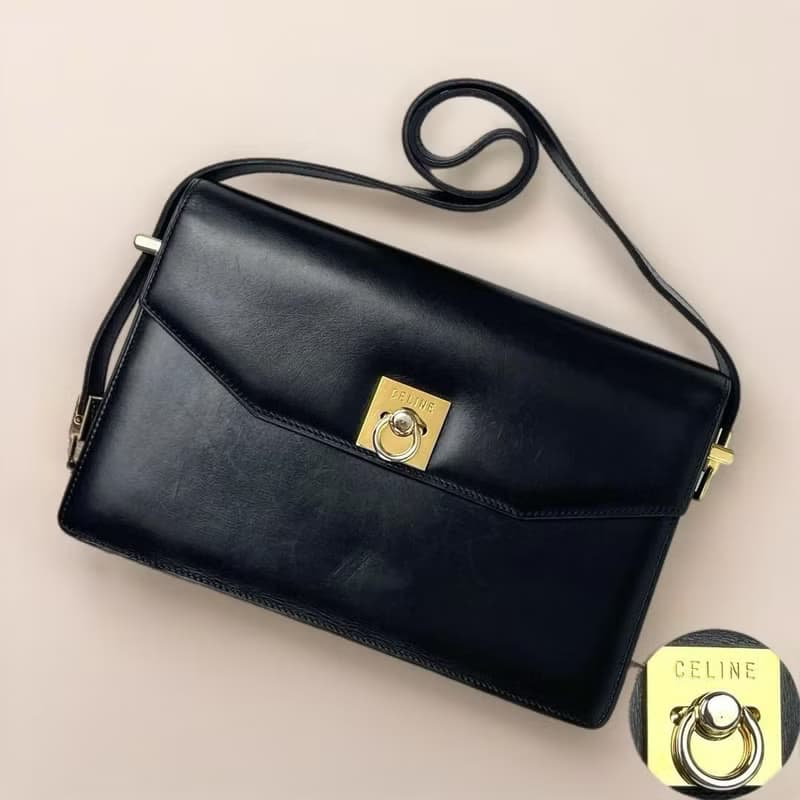 稀有中古二手Celine黑色金扣翻蓋盒子皮革腋下單肩側背孭小包手袋
