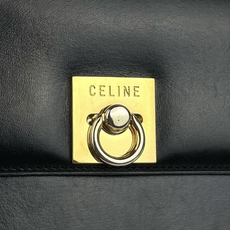 稀有中古二手Celine黑色金扣翻蓋盒子皮革腋下單肩側背孭小包手袋