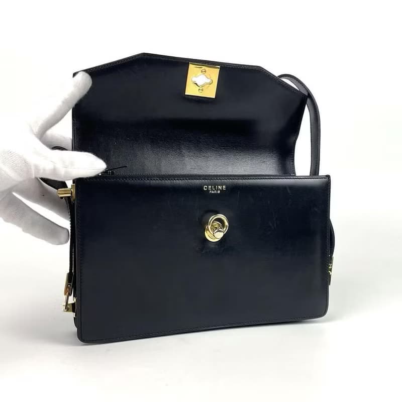 稀有中古二手Celine黑色金扣翻蓋盒子皮革腋下單肩側背孭小包手袋