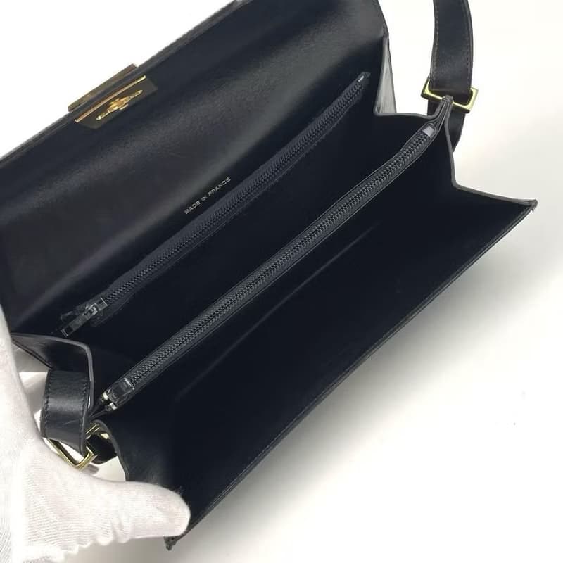 稀有中古二手Celine黑色金扣翻蓋盒子皮革腋下單肩側背孭小包手袋