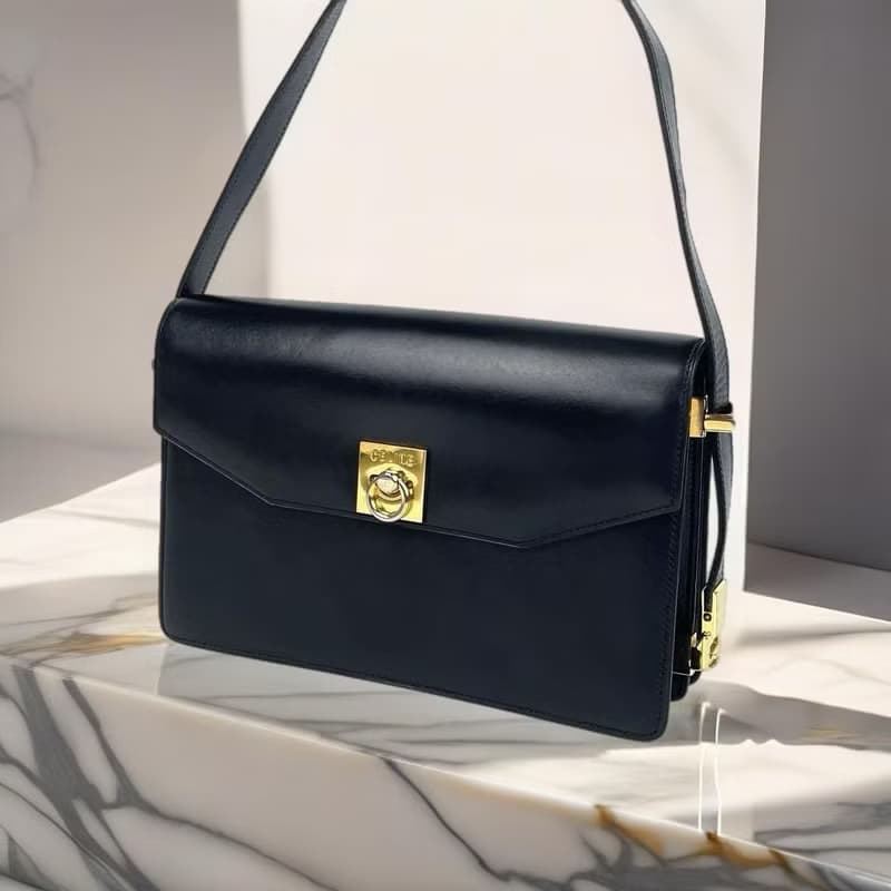 稀有中古二手Celine黑色金扣翻蓋盒子皮革腋下單肩側背孭小包手袋