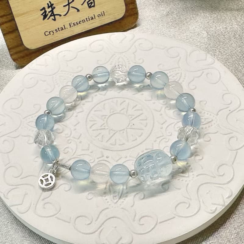 海心映月 海藍寶 藍針水晶 白水晶 手鍊