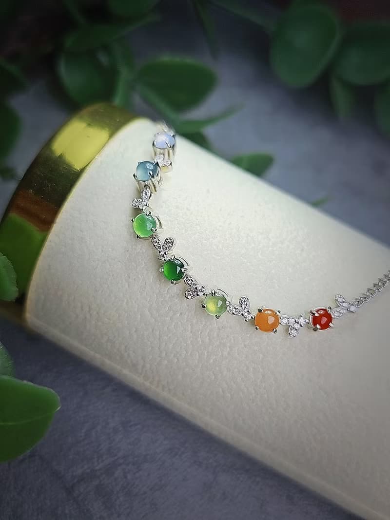 轉好運•補五行|馬卡龍彩虹多寶|A貨翡翠純銀日系藤蔓款手鏈