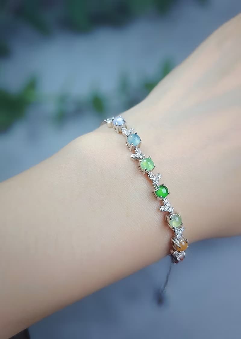 轉好運•補五行|馬卡龍彩虹多寶|A貨翡翠純銀日系藤蔓款手鏈