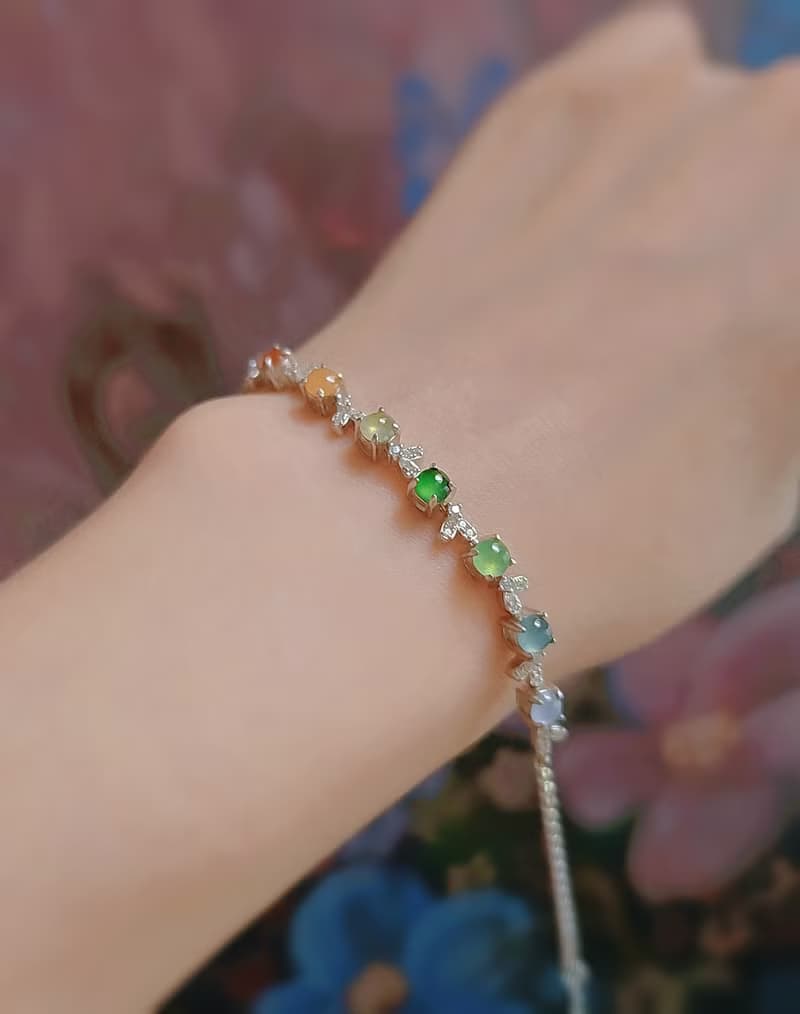 轉好運•補五行|馬卡龍彩虹多寶|A貨翡翠純銀日系藤蔓款手鏈