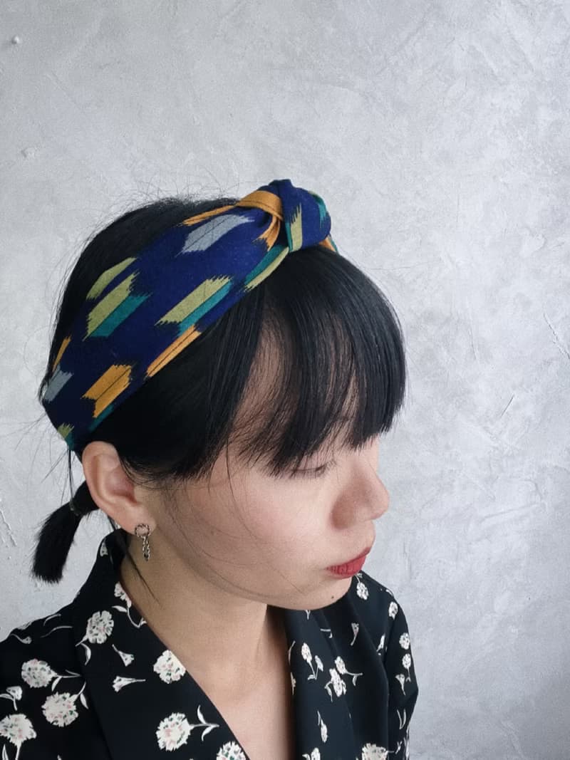和服改製手工髮箍-幾何圖形箭羽紋-寶藍-扭結款