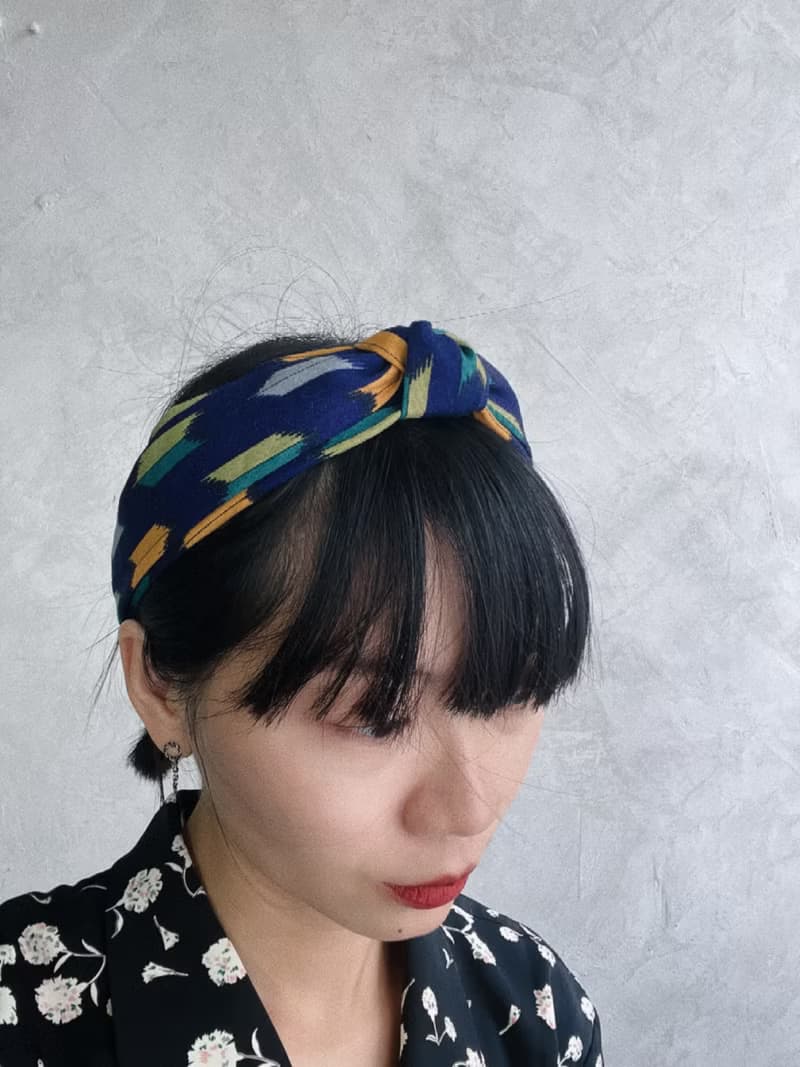 和服改製手工髮箍-幾何圖形箭羽紋-寶藍-扭結款