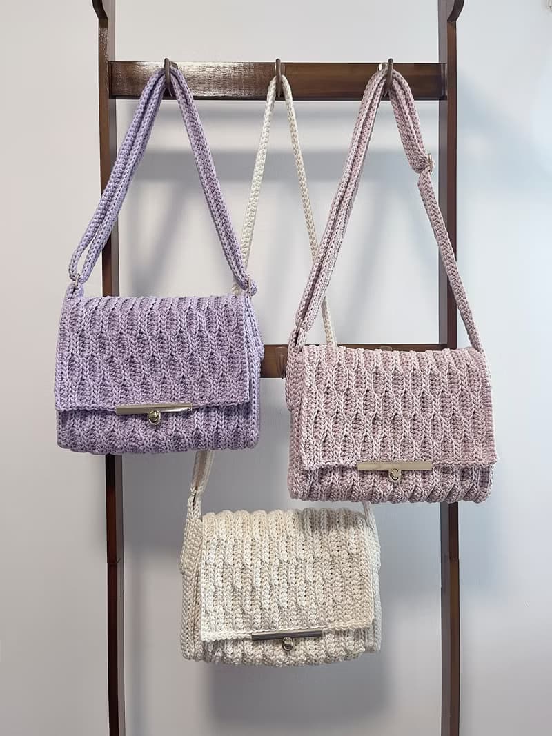 手工鉤織Waves斜挎包手袋單肩包純白色針織鈎織編織手作斜孭袋