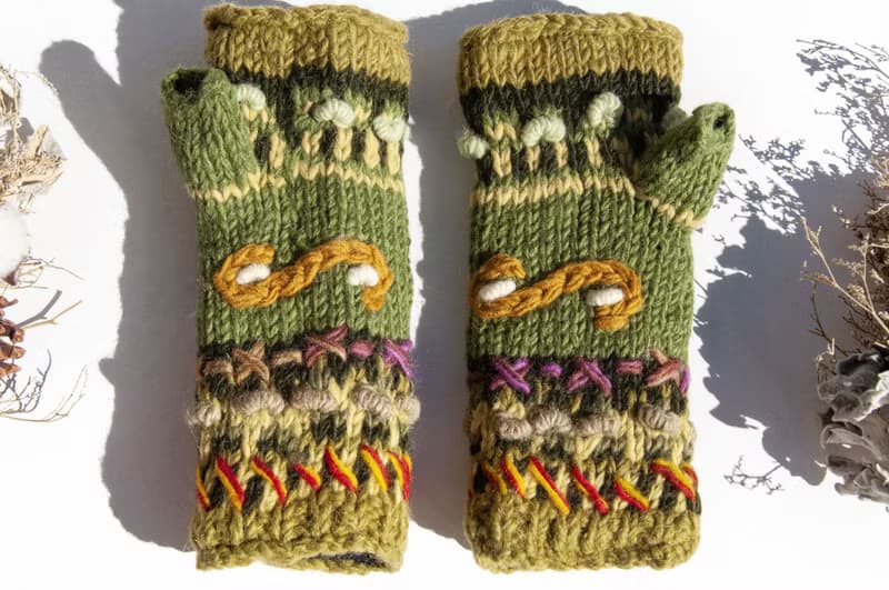 手織純羊毛針織手套/露趾手套/內刷毛手套/保暖手套-立體花朵刺繡