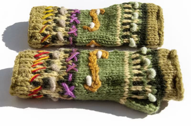 手織純羊毛針織手套/露趾手套/內刷毛手套/保暖手套-立體花朵刺繡