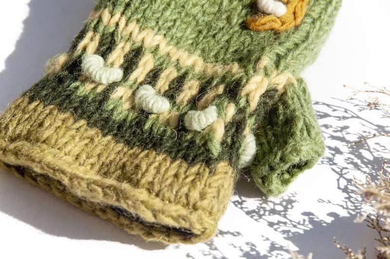手織純羊毛針織手套/露趾手套/內刷毛手套/保暖手套-立體花朵刺繡