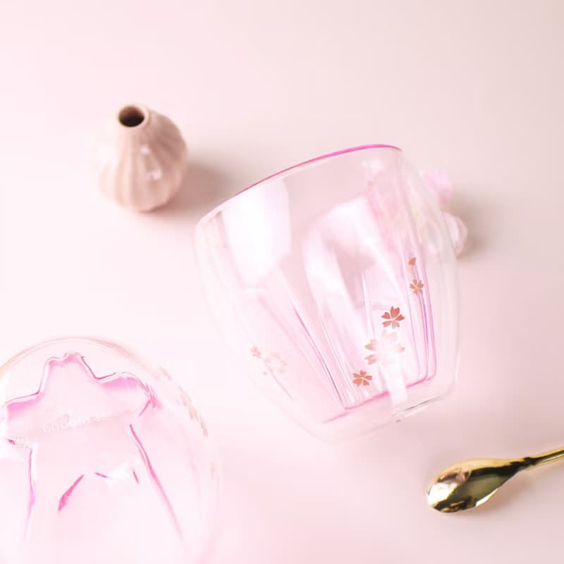 粉紅櫻花雙層玻璃杯