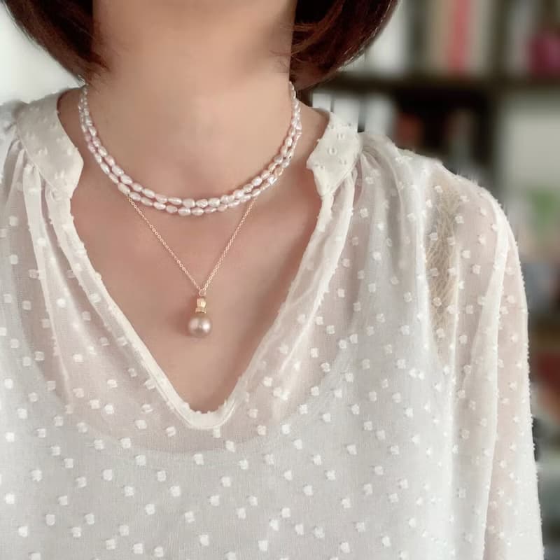 桜ピンク シュリンクなシワシワが可愛い 淡水ケシパールのロングネックレス 14KGF