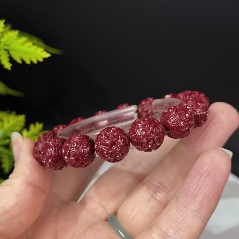 高含量朱砂回紋雕刻手錬 朱砂手釧 12mm 男士文玩佛珠 平安 好運