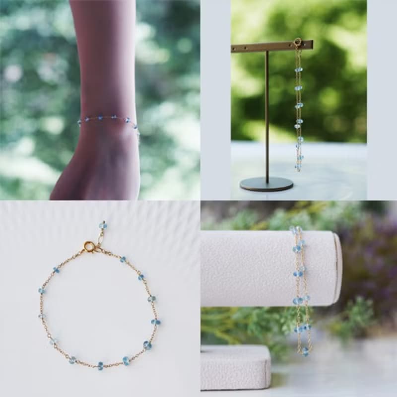 ディープブルーアクアマリンのボタンカットブレスレット　Sharon