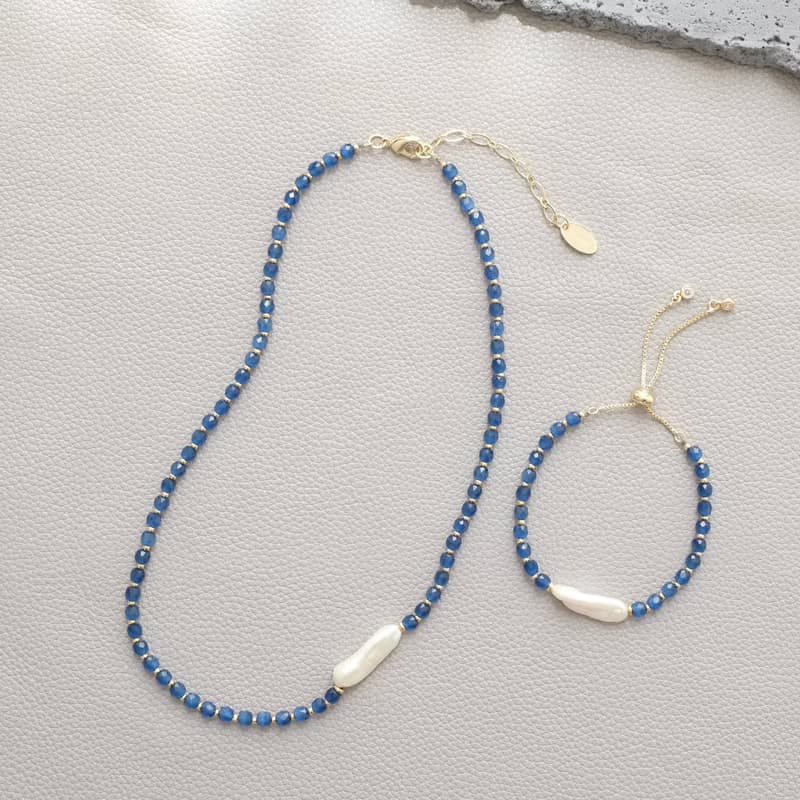 PANNE Biwa Freshwater Pearl with Navy Blue Glass Necklace and Bracelet