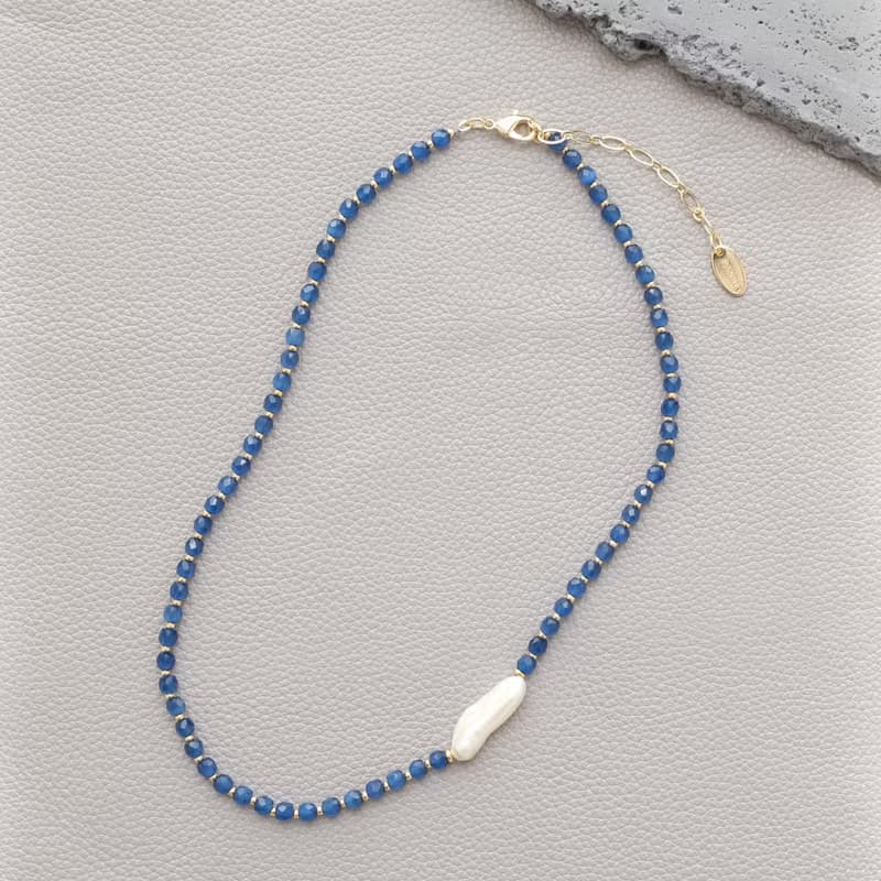 PANNE Biwa Freshwater Pearl with Navy Blue Glass Necklace and Bracelet