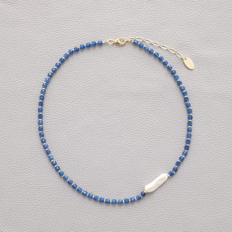 PANNE Biwa Freshwater Pearl with Navy Blue Glass Necklace and Bracelet