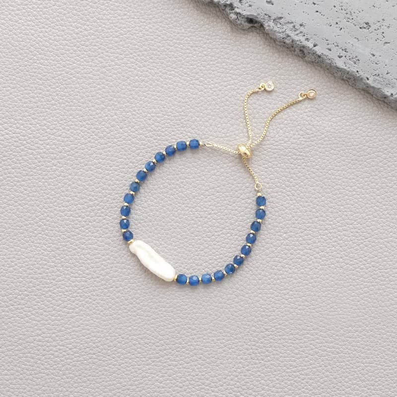 PANNE Biwa Freshwater Pearl with Navy Blue Glass Necklace and Bracelet