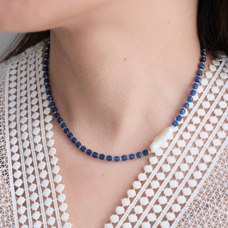 PANNE Biwa Freshwater Pearl with Navy Blue Glass Necklace and Bracelet