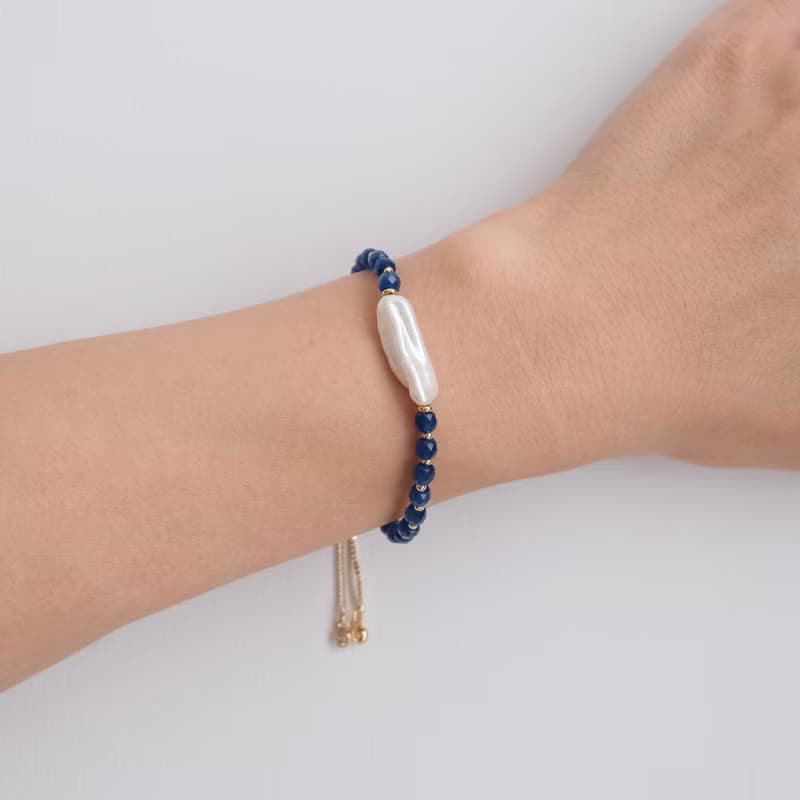 PANNE Biwa Freshwater Pearl with Navy Blue Glass Necklace and Bracelet