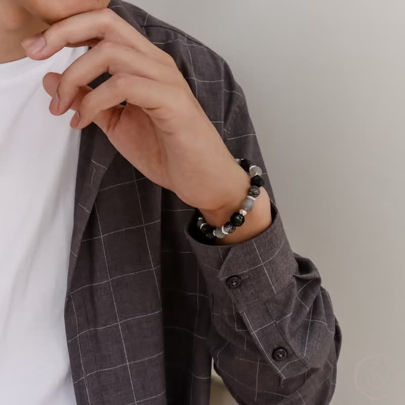 往昔 | 金曜石 黑髮晶 拉長石 S925純銀 | 男款水晶手鍊