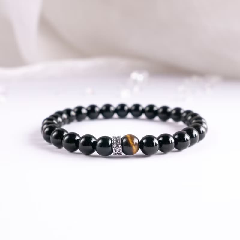黑瑪瑙 x 黃虎眼石  - 守護 x 勇氣 x 行動力 - 925純銀水晶手環