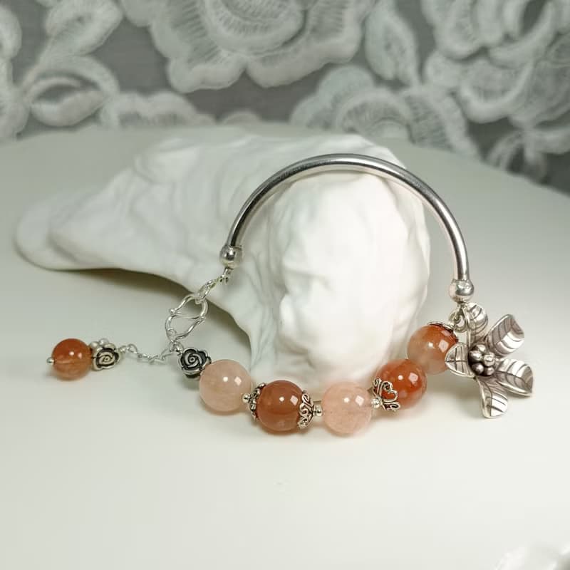 手鍊 摩根石 櫻花瑪瑙 紅兔毛水晶 925銀飾 手環 鍛敲 立體銀花