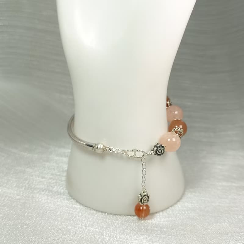 手鍊 摩根石 櫻花瑪瑙 紅兔毛水晶 925銀飾 手環 鍛敲 立體銀花