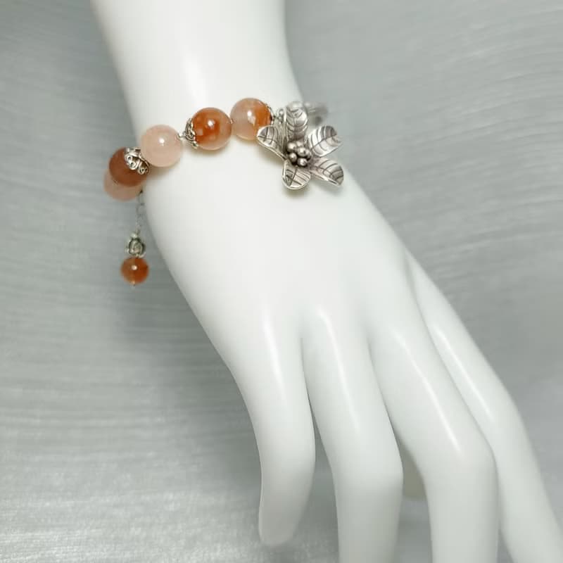 手鍊 摩根石 櫻花瑪瑙 紅兔毛水晶 925銀飾 手環 鍛敲 立體銀花