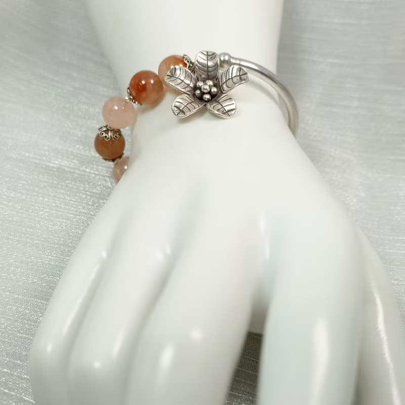 手鍊 摩根石 櫻花瑪瑙 紅兔毛水晶 925銀飾 手環 鍛敲 立體銀花