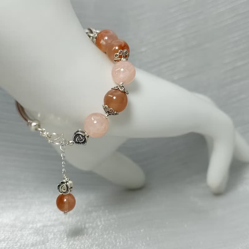 手鍊 摩根石 櫻花瑪瑙 紅兔毛水晶 925銀飾 手環 鍛敲 立體銀花